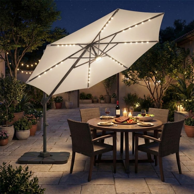 10 FT Cantilever Patio Umbrella with 35 Solar LED Lights and 220 LBS Base