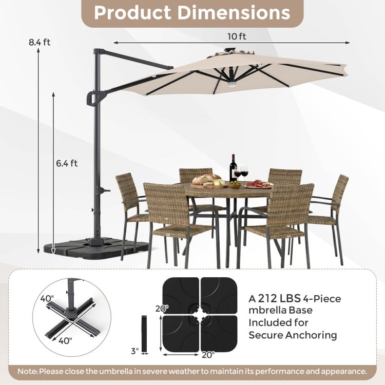 10 FT Cantilever Patio Umbrella with 35 Solar LED Lights and 220 LBS Base