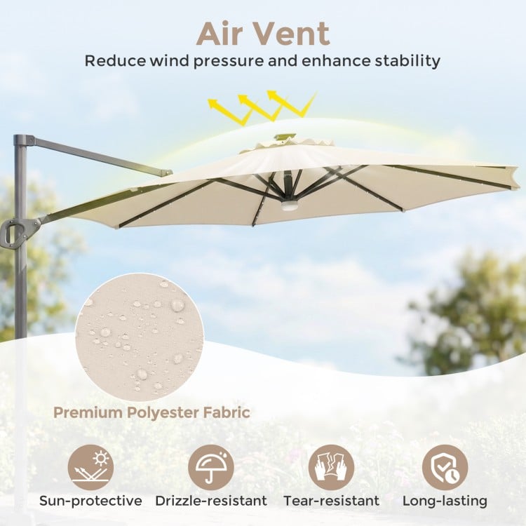 10 FT Cantilever Patio Umbrella with 35 Solar LED Lights and 220 LBS Base