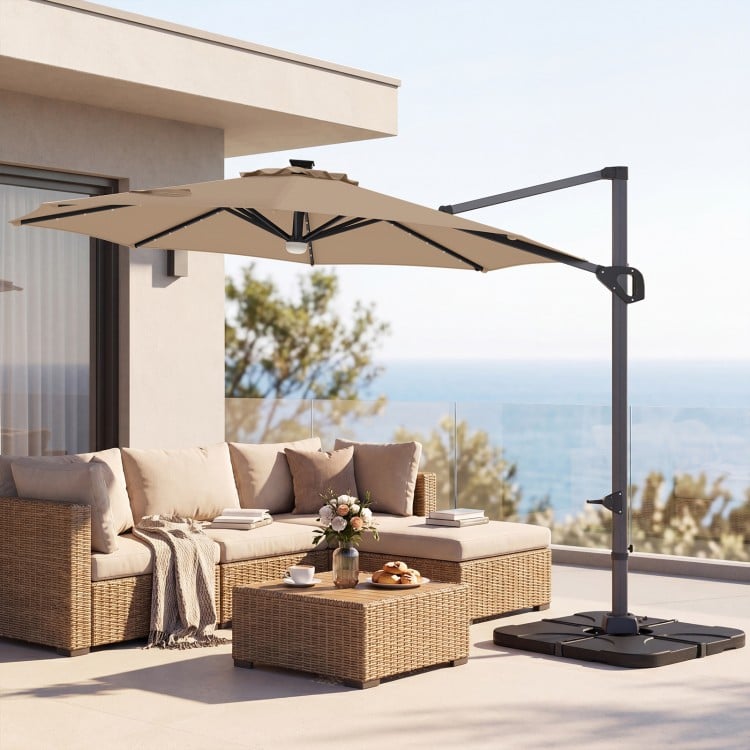 10 FT Cantilever Patio Umbrella with 35 Solar LED Lights and 220 LBS Base