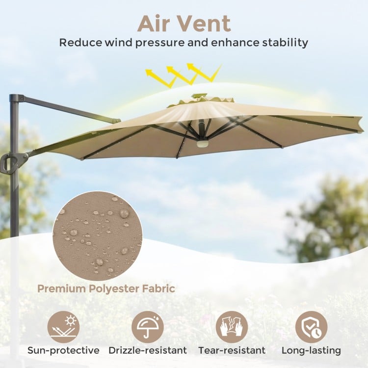 10 FT Cantilever Patio Umbrella with 35 Solar LED Lights and 220 LBS Base