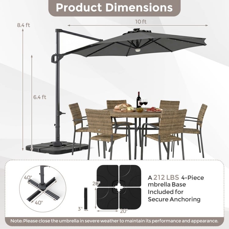 10 FT Cantilever Patio Umbrella with 35 Solar LED Lights and 220 LBS Base