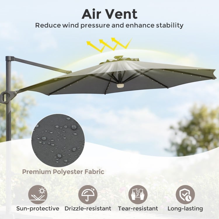 10 FT Cantilever Patio Umbrella with 35 Solar LED Lights and 220 LBS Base