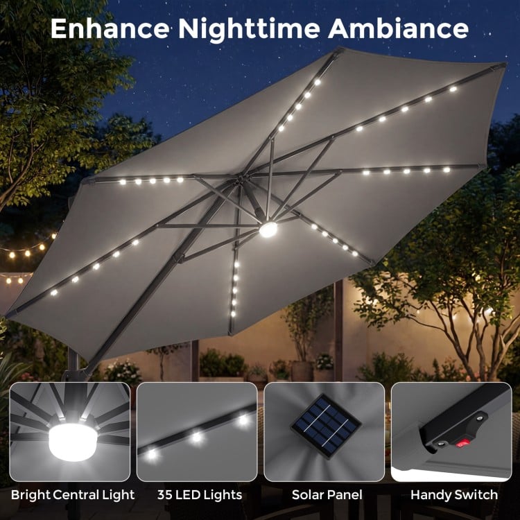 10 FT Cantilever Patio Umbrella with 35 Solar LED Lights and 220 LBS Base