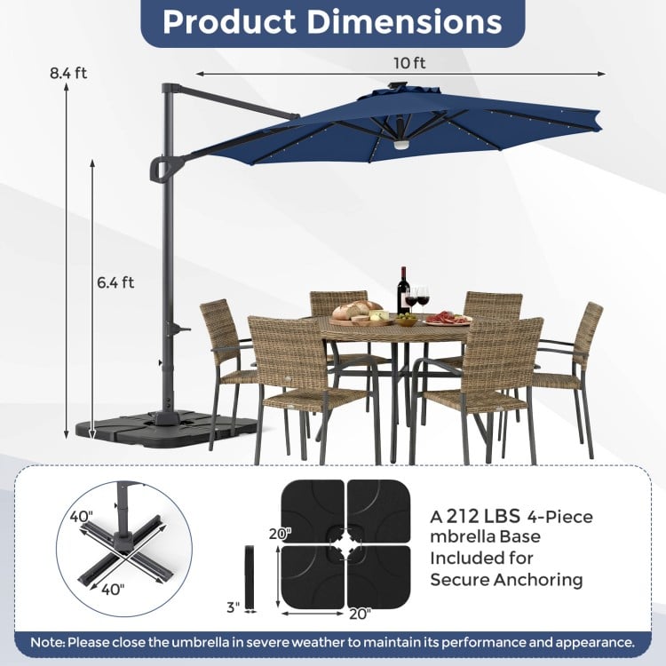 10 FT Cantilever Patio Umbrella with 35 Solar LED Lights and 220 LBS Base