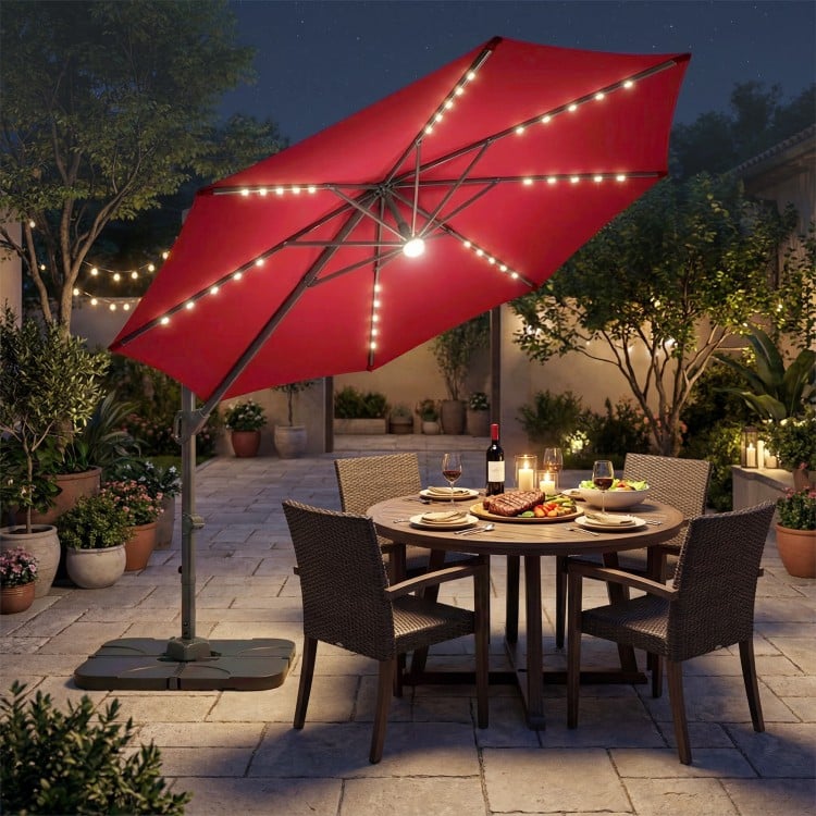 10 FT Cantilever Patio Umbrella with 35 Solar LED Lights and 220 LBS Base