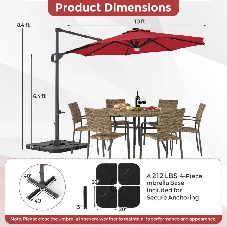 10 FT Cantilever Patio Umbrella with 35 Solar LED Lights and 220 LBS Base