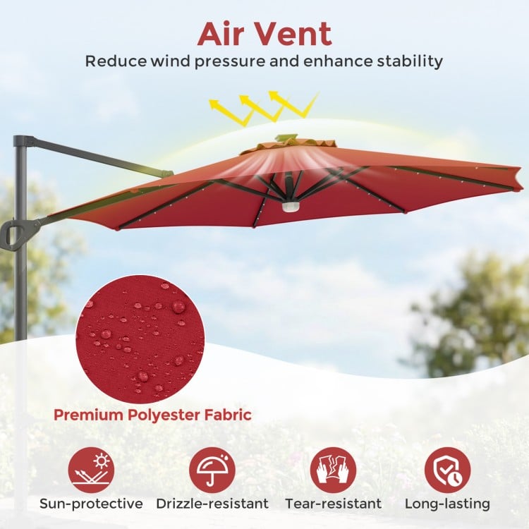 10 FT Cantilever Patio Umbrella with 35 Solar LED Lights and 220 LBS Base