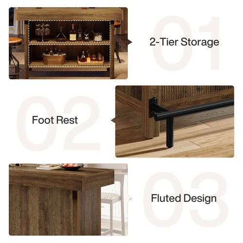 57.48" Industrial Bar Unit Counter Height Bar Table with 2-Tier Storage Shelf and Metal Footrest for Home Bar Dining Rustic Brown