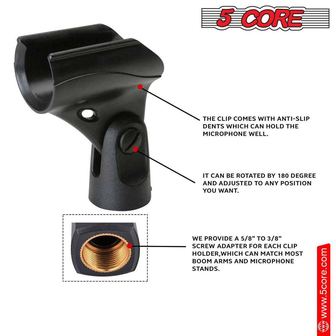 5Core 6-Pack Universal Microphone Clip Holder – Mic Mount with Gold-Plated 5/8" to 3/8" Screw Adapters