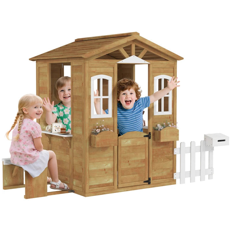 Outsunny Wooden Kids Playhouse – Yellow with Door, Windows, Mailbox, Flower Pot Holder & Serving Station Bench