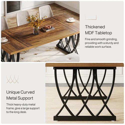 70.8" Dining Table, Rectangular Kitchen Table for 6–8 People with Trestle Base, Industrial Wood Dining Table Brown & White