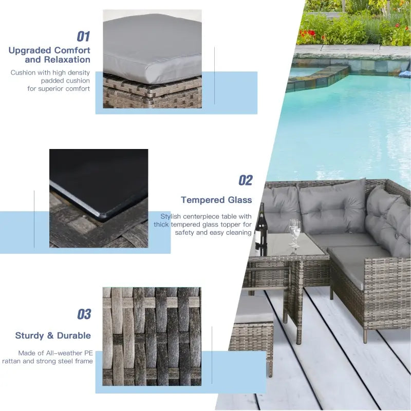 Outsunny 6pcs Outdoor Rattan Sofa Set Garden Wicker Sectional Couch Furniture Set with Dining Table and Chair Dark Grey