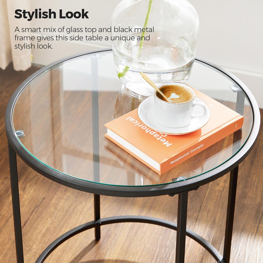 VASAGLE Glass Round Side Table with Metal Frame