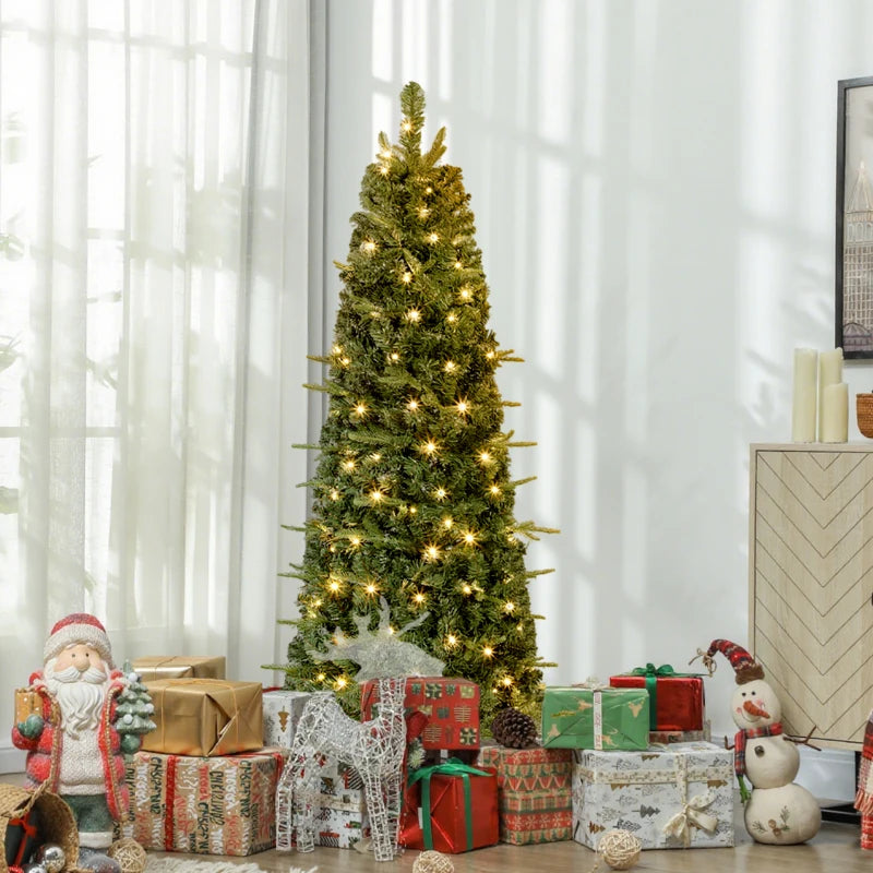 HOMCOM 7FT Prelit Pop Up Artificial Christmas Tree, Collapsible Green Xmas Tree with Warm White LED Lights and Metal Stand