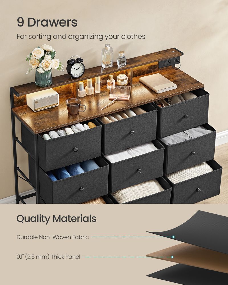 SONGMICS Storage Organizer with 9 Fabric Drawers and LED Lights
