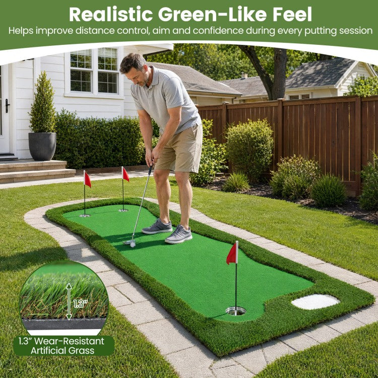 10 ft Golf Putting Green with 3 Holes & Flags – Indoor & Outdoor Practice Mat for Home, Office & Backyard
