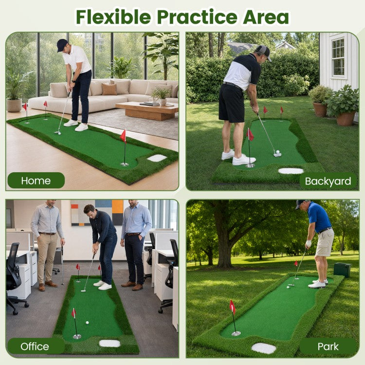 10 ft Golf Putting Green with 3 Holes & Flags – Indoor & Outdoor Practice Mat for Home, Office & Backyard