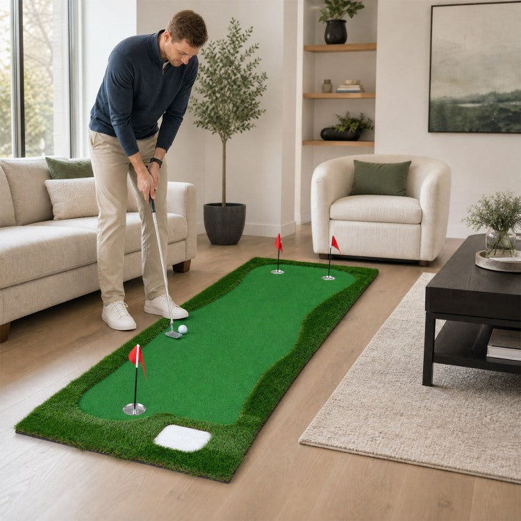 10 ft Golf Putting Green with 3 Holes & Flags – Indoor & Outdoor Practice Mat for Home, Office & Backyard