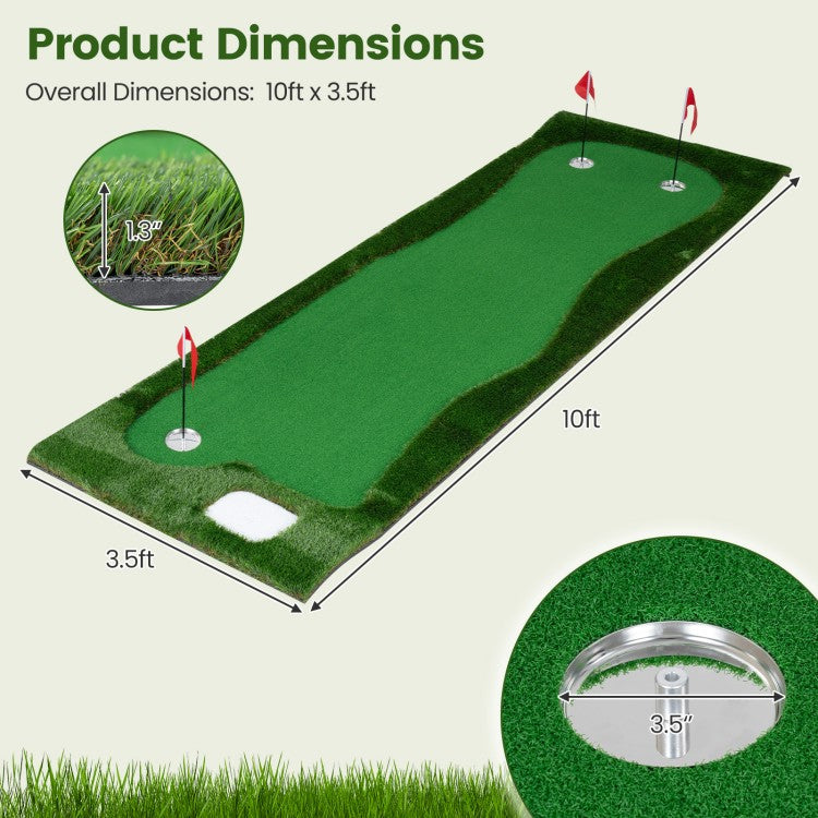 10 ft Golf Putting Green with 3 Holes & Flags – Indoor & Outdoor Practice Mat for Home, Office & Backyard