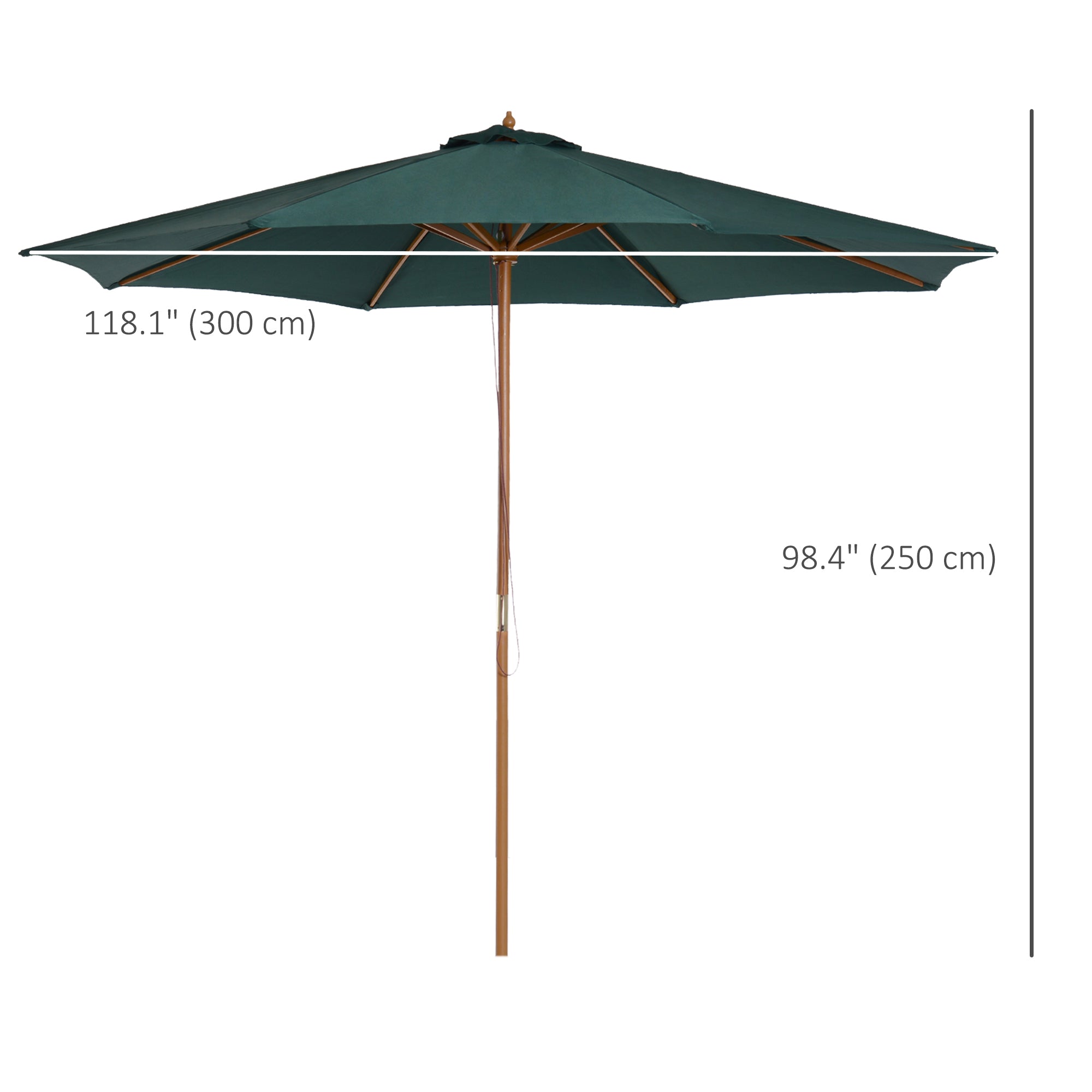 Outsunny 10FT Round Patio Umbrella with Rope Pulley Mechanism, Wooden Market Umbrella, Garden Parasol with 8 Ribs, Dark Green
