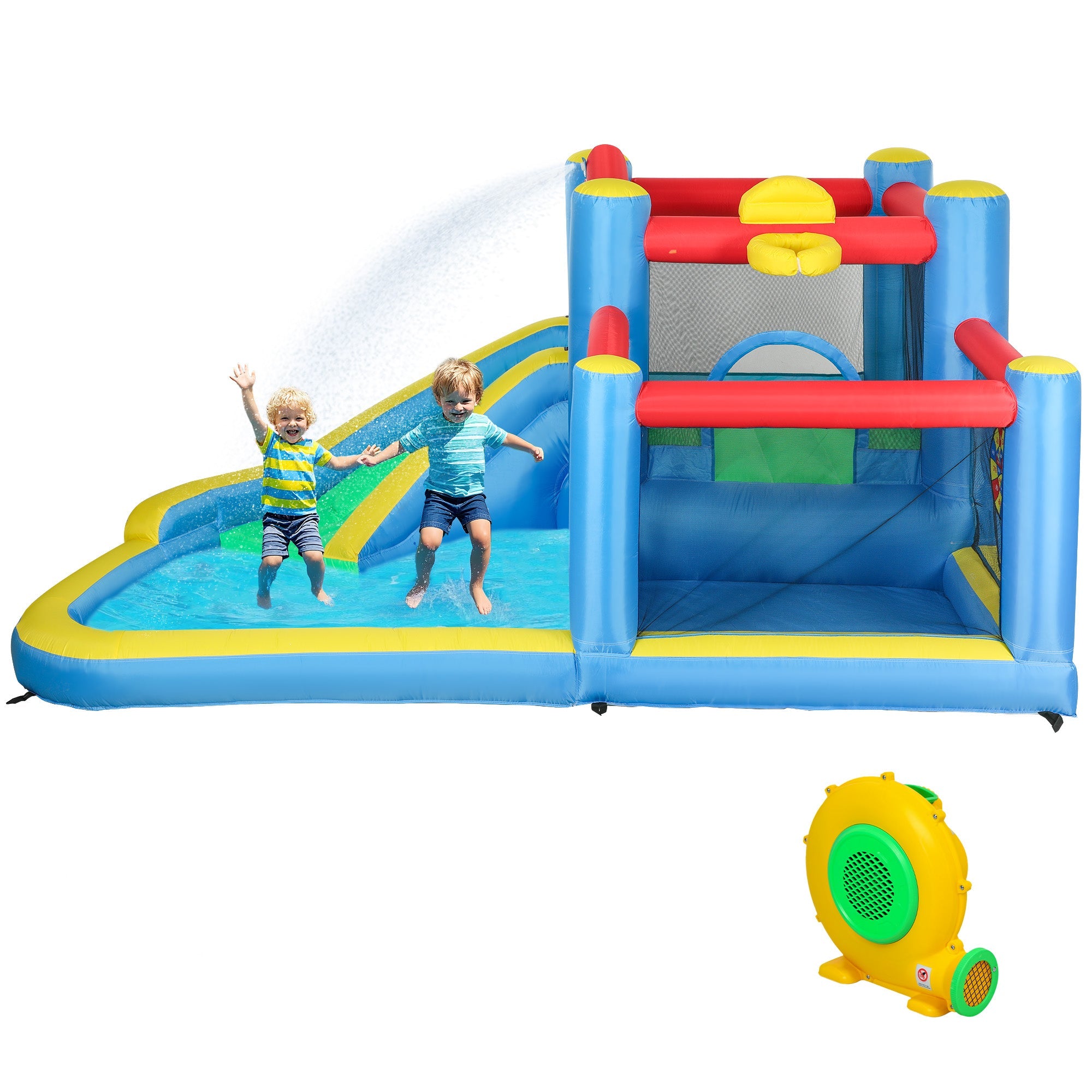 Qaba Bouncy Castle for Kids with 550W Blower, Water Slide, 2 Splash Pools, Basketball Hoop, Dart Board,12.6' x 9.5' x 5.9'