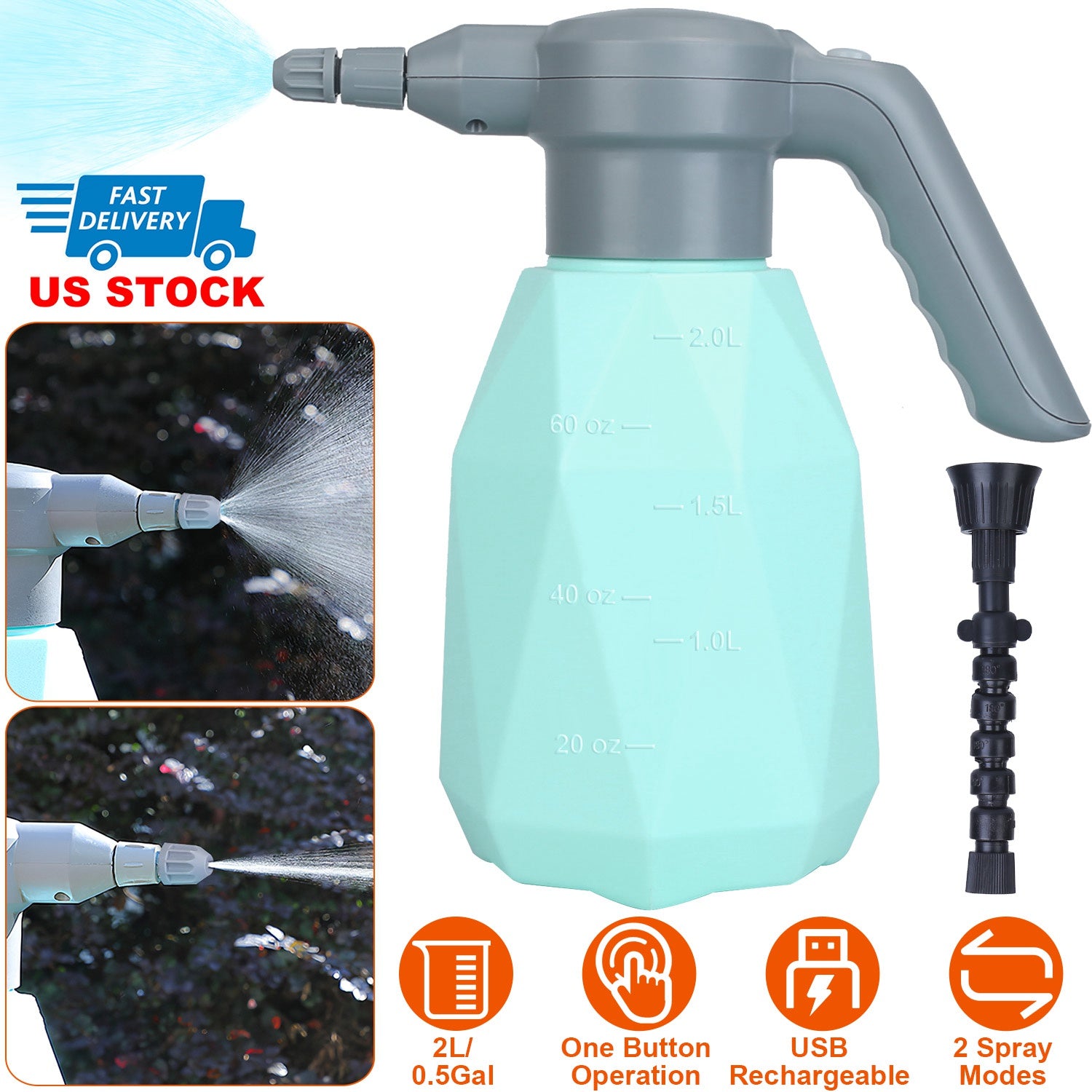 2L/0.5Gallon Electric Spray Bottle Rechargeable Handheld Automatic Plant Watering Sprayer Tank 360 Degrees Adjustable Spout