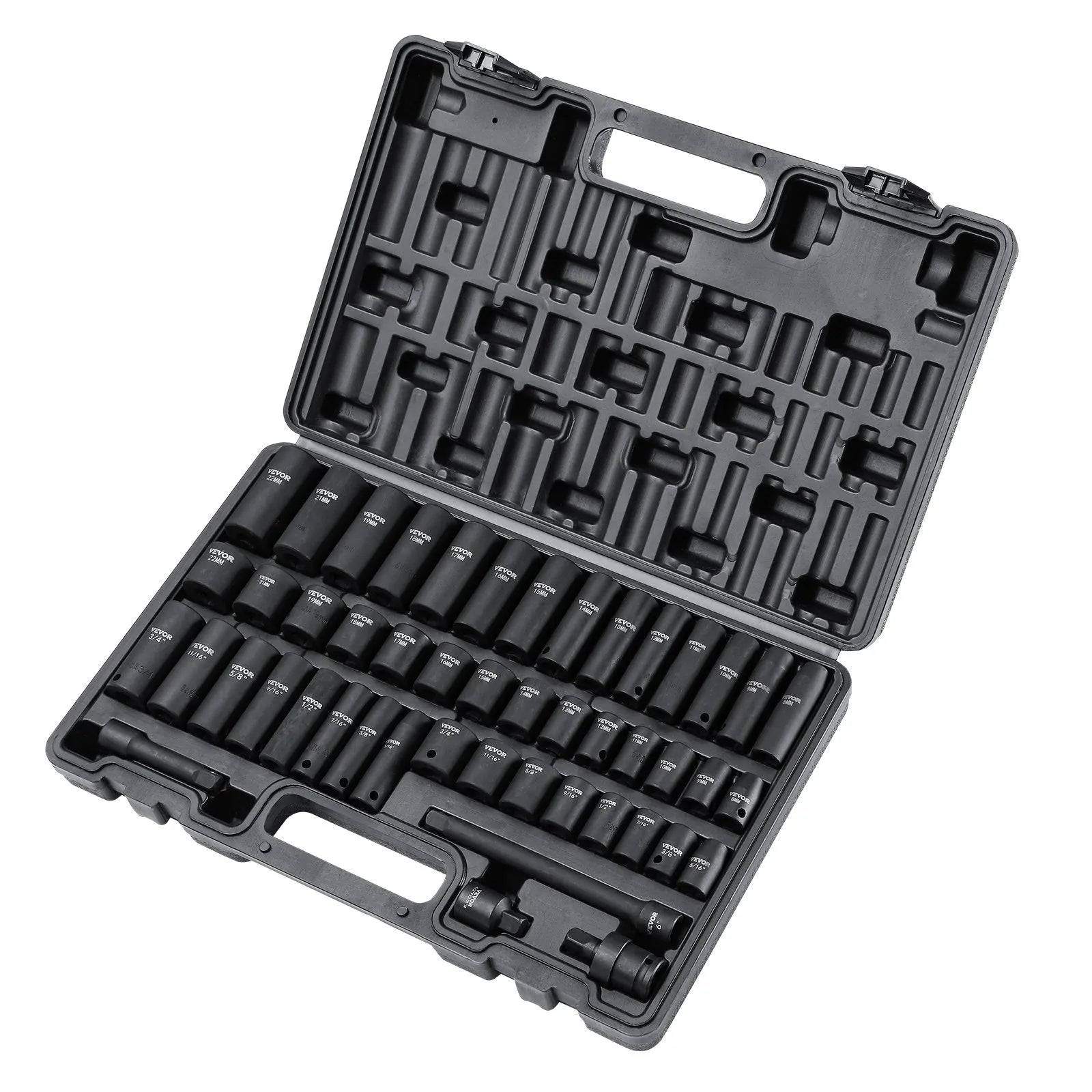 VEVOR 3/8" Drive Impact Socket Set, 48 Piece Socket Set SAE 5/16" -3/4" and Metric 8-22mm, 6 Point Cr-V Alloy Steel for Auto Repair, Easy-to-Read Markings, Rugged Construction, Includes Storage Case