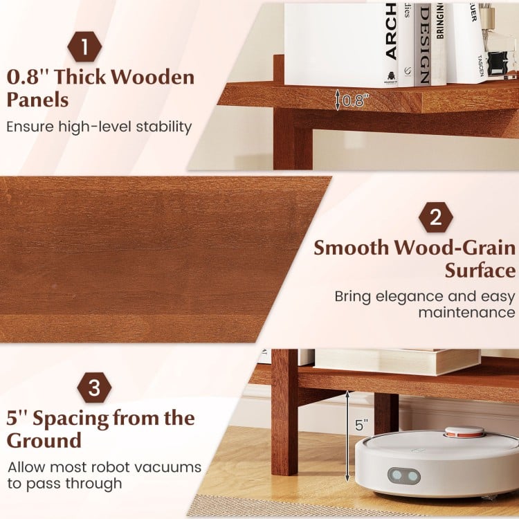 2-Tier Wood Bookshelf Low Horizontal Rubberwood Bookcase for Display-Walnut