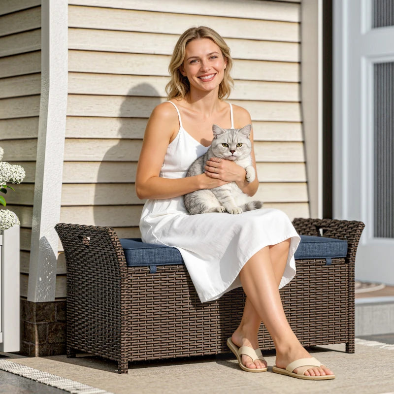 2-In-1 Outdoor Storage Bench, 29 Gallon Wicker Deck Box with Handles and Cushion, Navy Blue