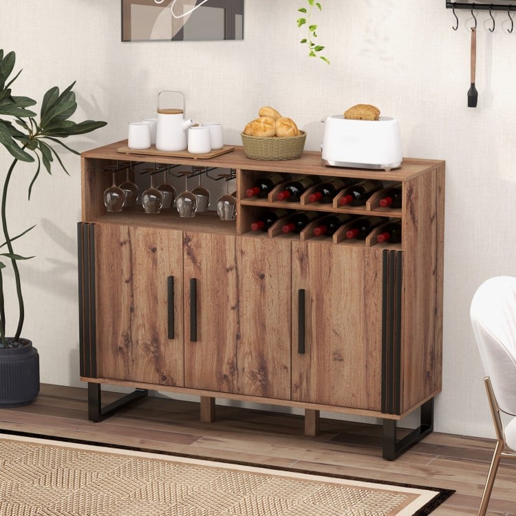 Home Wine Bar Cabinet with 3 Doors and Adjustable Shelves-Brown