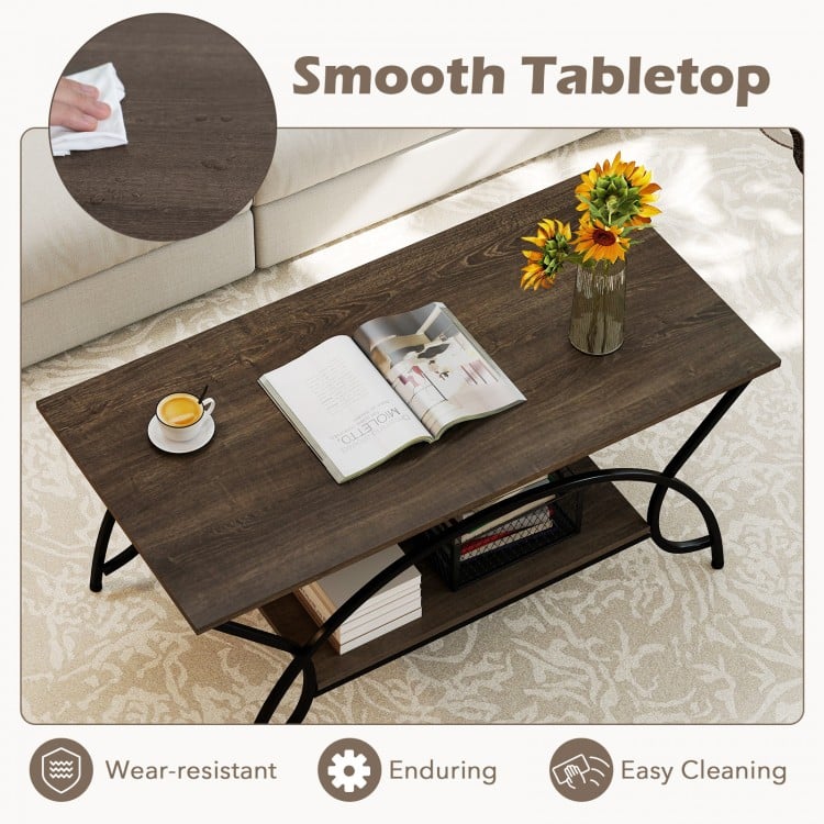 2-Tier Faux Marble Coffee Table with Marble Top and Metal Frame-Oak