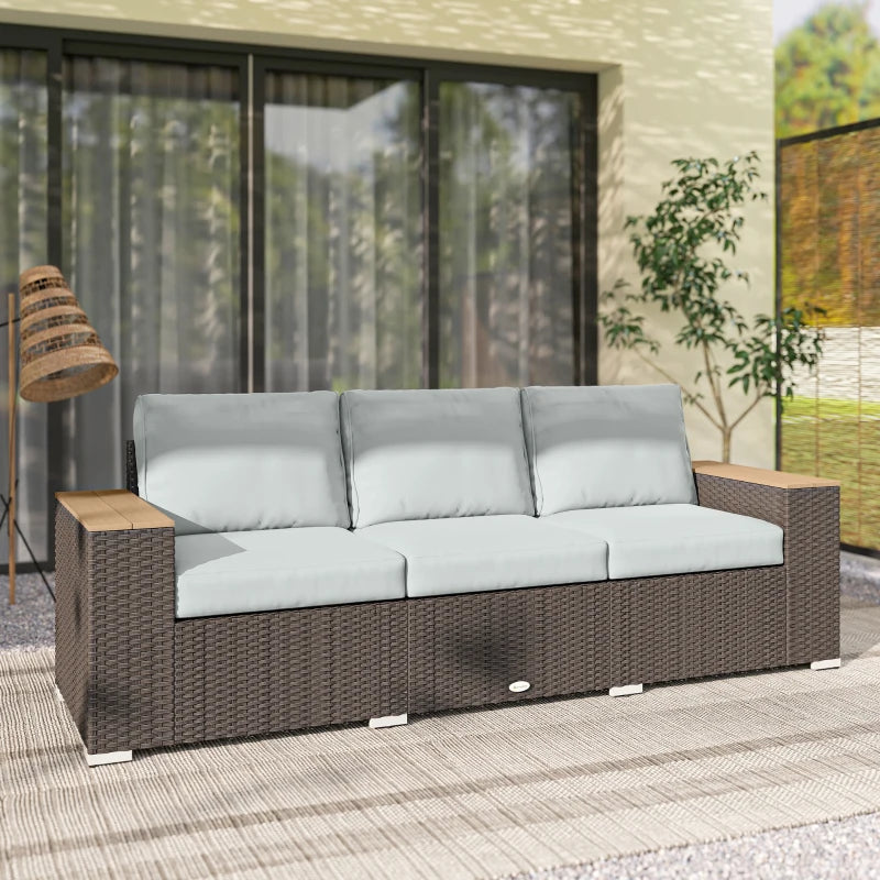 3-Seater Outdoor Sofa Couch, Wicker Patio Sofa with Wood Effect Armrests and Thick Cushions, Grey