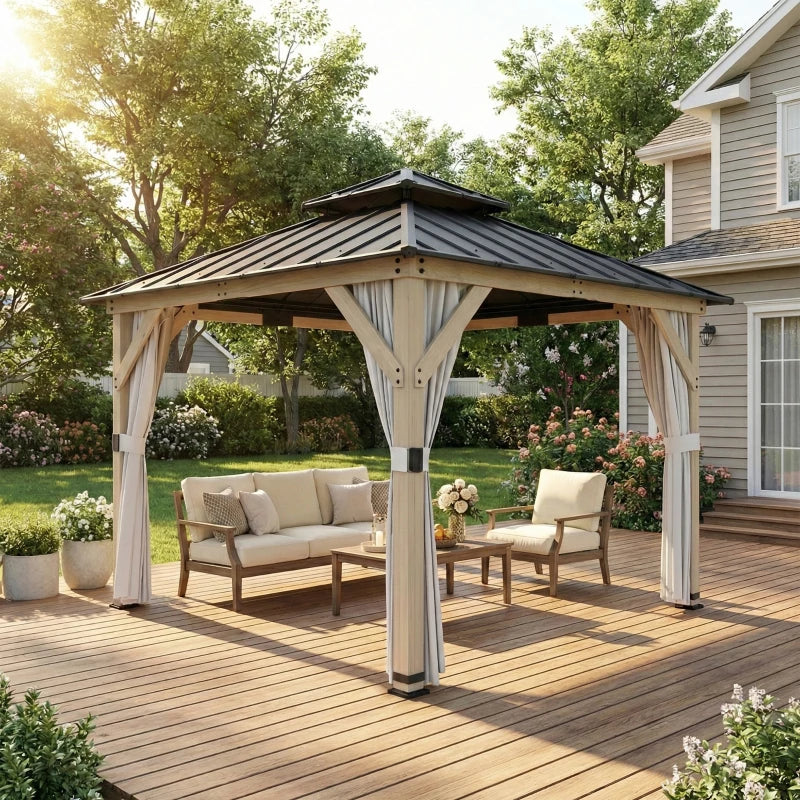 10' x 10' Outdoor Hardtop Gazebo with Double Steel Roof, Wood Patio Gazebo with Curtains, Hook, Light Grey