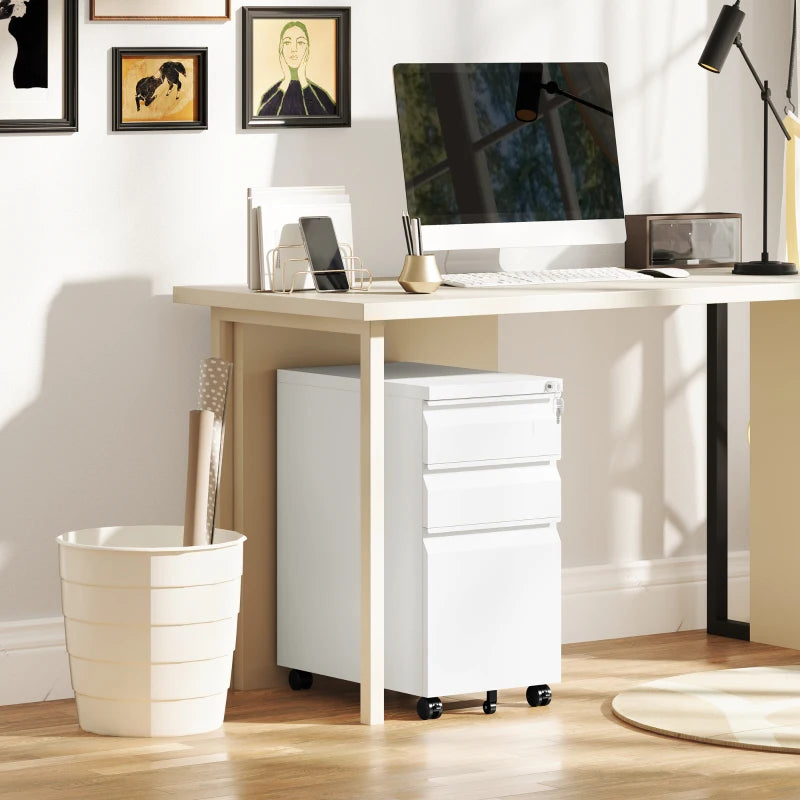 3 Drawer Filing Cabinet with Lock, Steel Office Storage Cabinet with Hanging Bar for A4, Legal, Letter Files, White