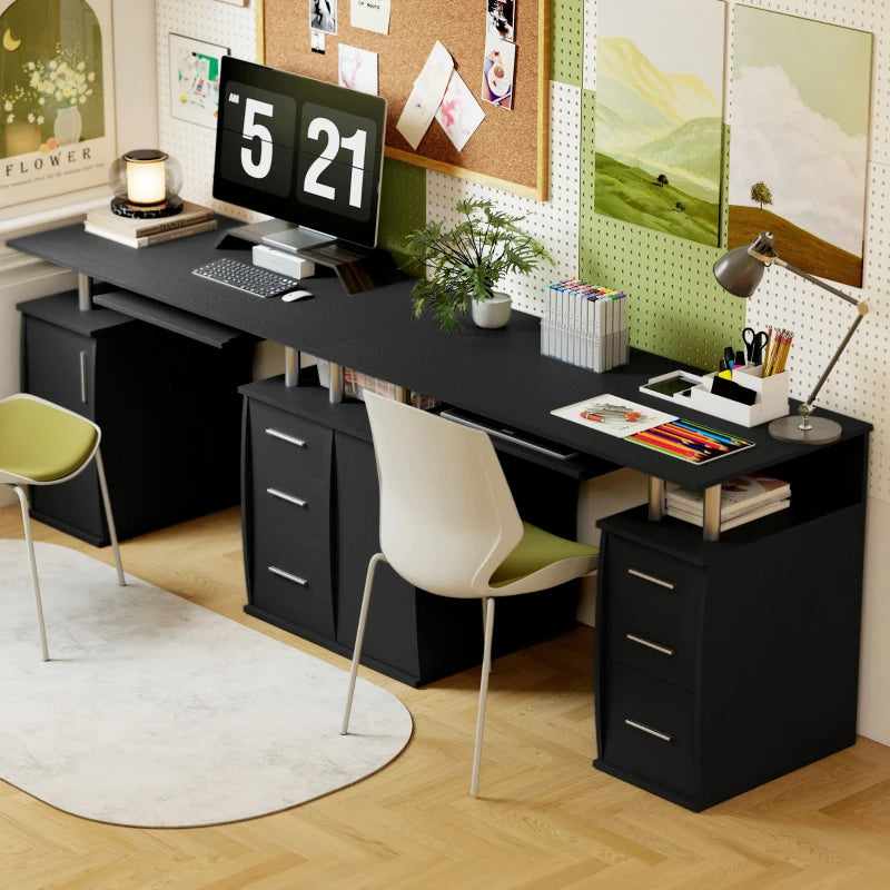 47" Computer Desk with Keyboard Tray and Storage Drawers, Home Office Workstation Table with Storage Shelves, Black