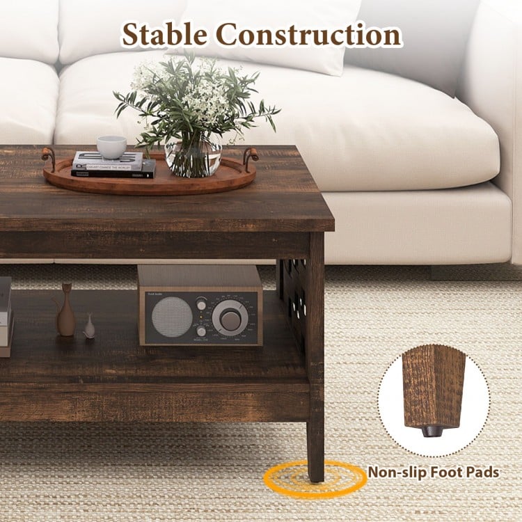 2-Tier Farmhouse Coffee Table with Open Shelf and Woven Decorations for Living Room-Rustic Brown