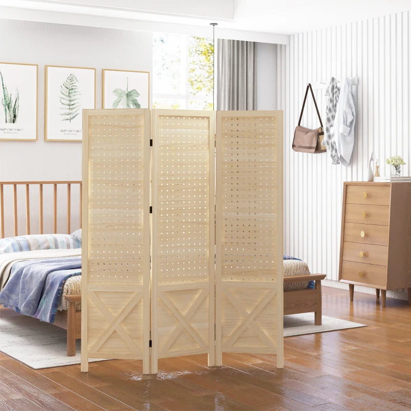 4.7' 3 Panel Wooden Room Divider with Pegboard Display, Folding Privacy Screen for Home Office, Natural