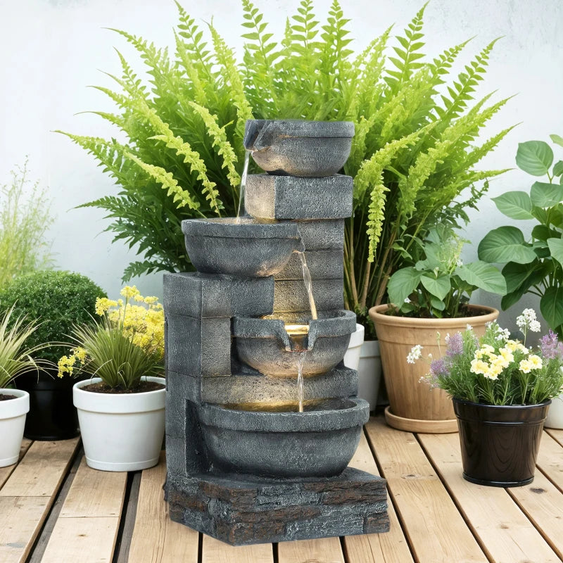 30" Tall Outdoor Water Fountain with LED Lights, 4-Tier Resin Cascading Bowls Garden Fountain Waterfall Fountain with Pump, Grey