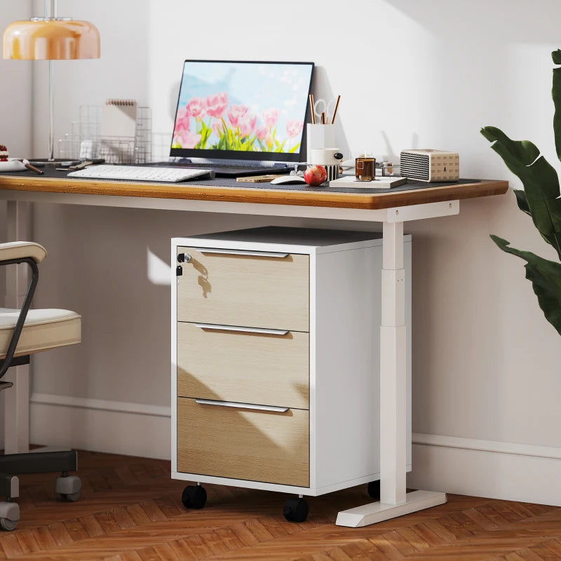 3 Drawer File Cabinet with Wheels, Vertical Filing Cabinet with Lock, Oak