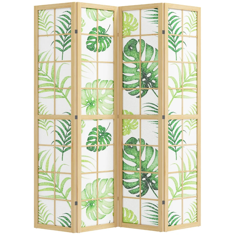 4 Panel Folding Privacy Screen, 67" Room Divider with Palm Leaf Design for Living Room Bedroom, Natural and Green