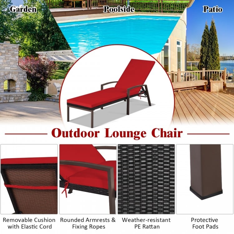 2 Pieces Patio Rattan Reclining Chaise Lounge Chair with Cushion and Armrest-Red & White