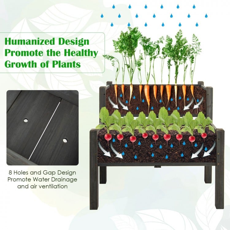 2 Tier Wooden Raised Garden Bed with Legs Drain Holes-Gray