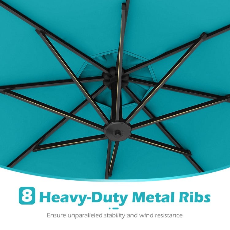 10 Feet Solar Offset Hanging Umbrella with Base and 32 LED Lights-Turquoise