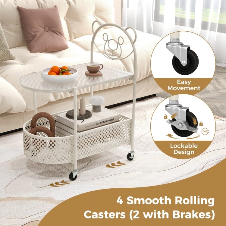 2-Tier Mobile Glass Coffee Table with Bear Pattern-White