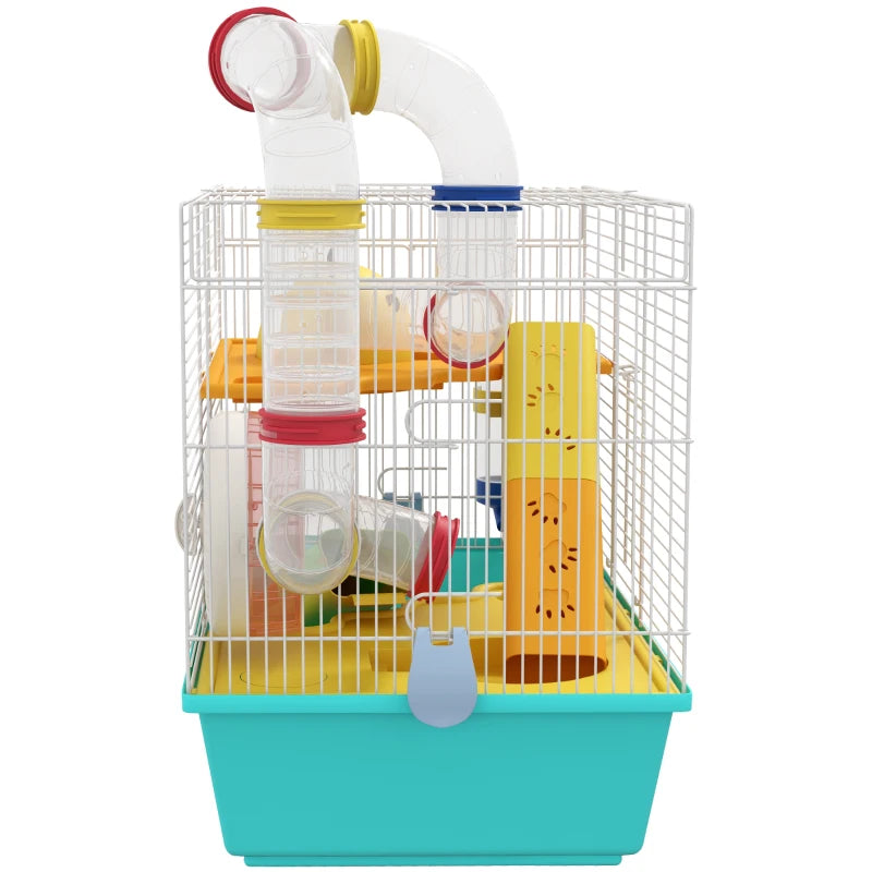 3 Tiers Hamster Cage for Gerbil, Dwarf Hamster with Tunnels, Water Bottle, Exercise Wheel, 18" x 11" x 15" - Light Blue