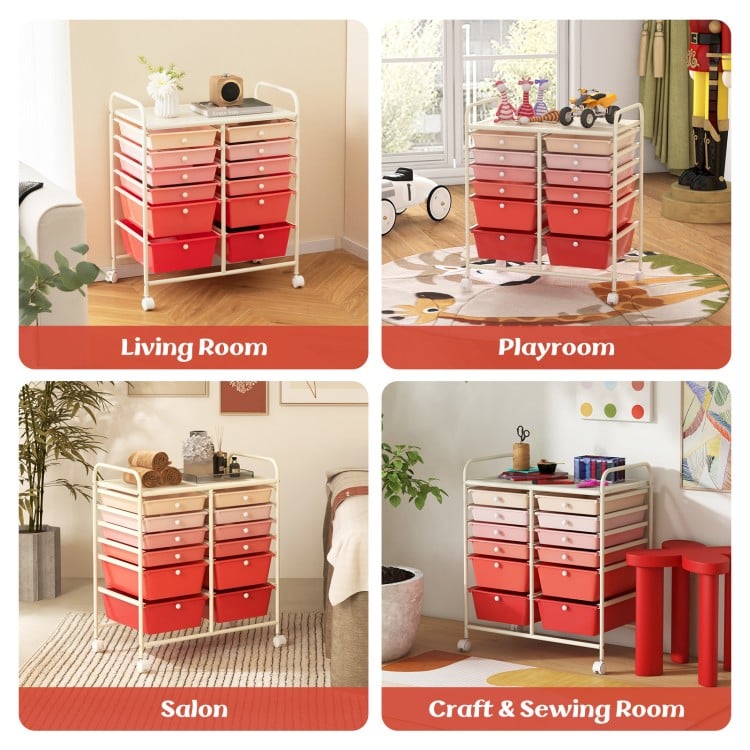 12-Drawer Rolling Storage Cart with Removable Drawers and Lockable Wheels-Pink
