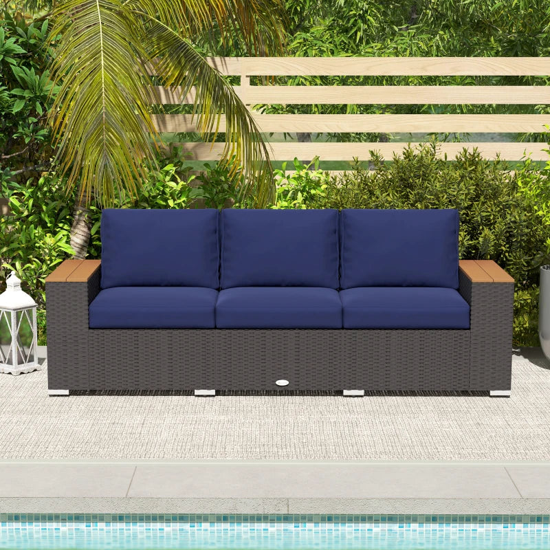 3-Seater Outdoor Sofa Couch, PE Wicker Patio Sofa with Cushions, Wood Grain Armrests, Dark Blue