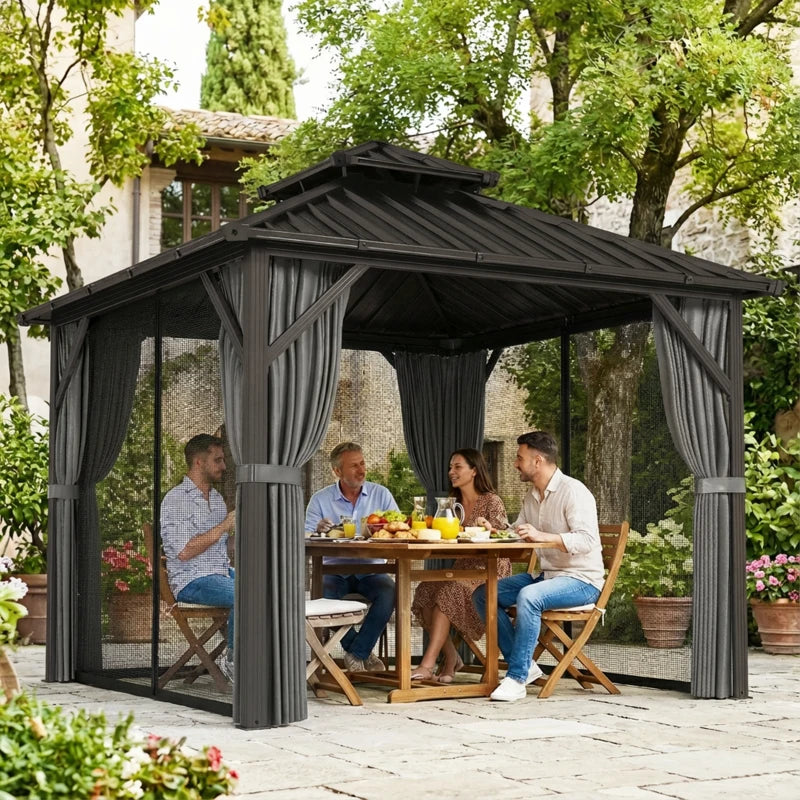 10' x 10' Hardtop Gazebo Canopy with Double Galvanized Steel Roof, Aluminium Frame Permanent Outdoor Gazebo, Dark Grey