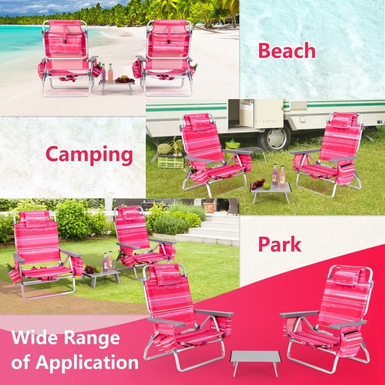2 Packs 5-Position Outdoor Folding Backpack Beach Table Chair Reclining Chair Set-Hot Pink